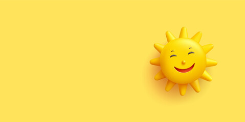 Smiling cute yellow sun, 3D, Banner for advertising positive, happy emotions, events, and celebrations. Icon, symbol, sign. Vector