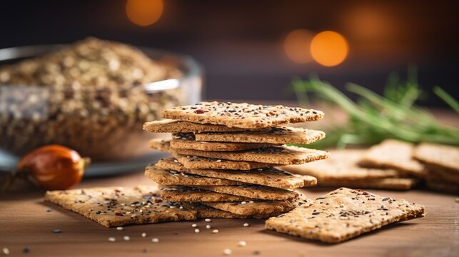 Close view of a stack of multigrain crackers on a light oak table, with a blurred kitchen background, highlighting healthy snack options