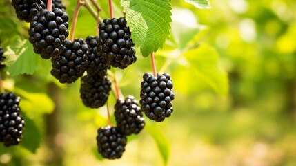 Cluster of ripe blackberries, vibrant against the greenery, with a blurred forest background, natural light