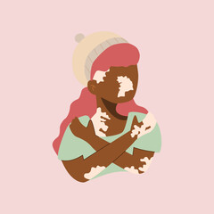 illustration of a female figure with dark skin, vitiligo, and wavy pink hair