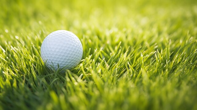 Closeup view of a pristine golf ball on vibrant green grass near a golf hole, emphasizing the texture and detail of the golf ball and grass