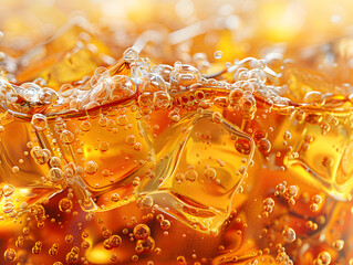 A glass of soda coke with ice cubes and a orange background.