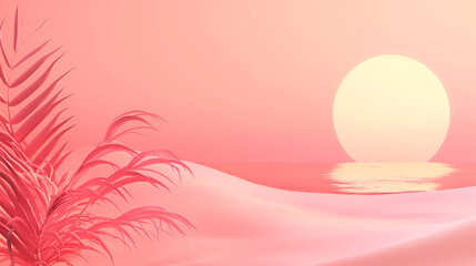 Tropical sunset with palm silhouette on coral backdrop. Banner with copy space. Concept of relaxation, travel destinations, nature backgrounds