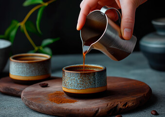 Hand pouring fresh coffee into a rustic ceramic mug. Concept of artisan coffee, morning routine, handcrafted ceramics