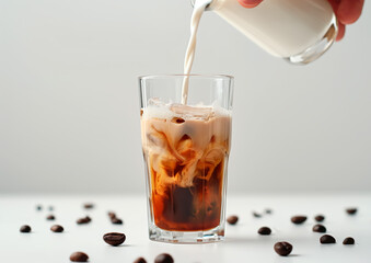Milk being poured into iced coffee with coffee beans scattered around. Concept of beverage, refreshment, coffee culture