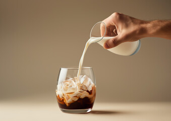 Hand pouring milk into iced coffee. Concept of coffee culture and refreshing summer drinks
