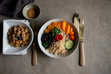 serene setting showcasing balanced meal with focus on mindful eating, featuring nutritious foods that promote healthy diet and lifestyle.
