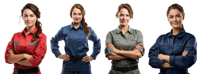 Set of young women standing confidently wearing professional mechanics uniforms, cut out