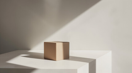 An isolated cardboard box sits in a play of shadows and light, evoking mystery and anticipation