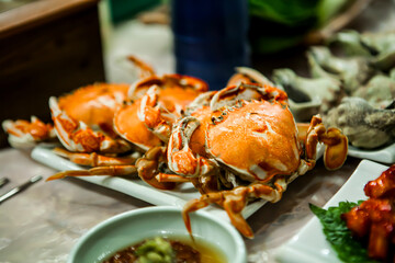 View of the steamed crabs on the dish
