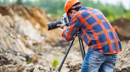 A photographer wearing jeans and a cap takes a picture outdoors with a tripod
