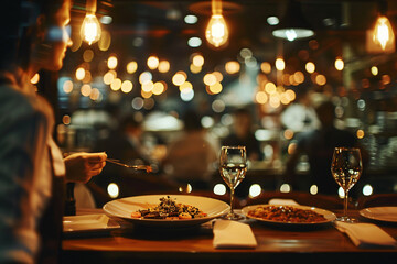 Naklejka premium Blurred Restaurant Background with People - Generative AI.