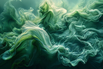 An abstract portrayal of algae, with flowing, ribbon-like structures in shades of green and blue, simulating underwater movement,