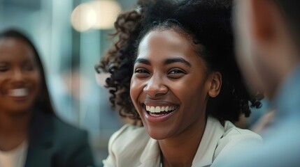 Fototapeta premium close-up of happy diverse team of executives talking in modern office. generative AI