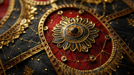 Obraz na płótnie Canvas Gold threads weave through intricate red-black geometric tapestries.