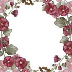 Frame with red garden mallow flowers and leaves Watercolor background drawn by hand.