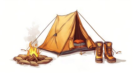 Horizontal AI illustration cozy campsite with tent and campfire. Concept hobbies and entertainments.