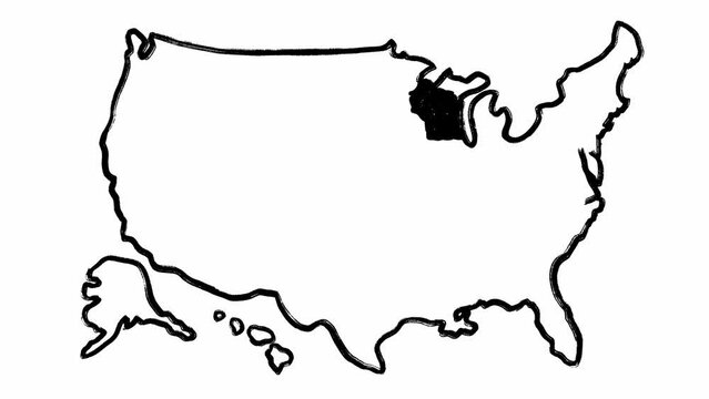 Isolated map of Wisconsin on the USA territory in set of hand written animations. Borders of America and one state in black color on white background. The cartoon style atlas written in scribble.