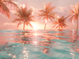 Obraz premium ocean scene with palm trees reflected in the calm water. The sky is a beautiful shade of pink and blue