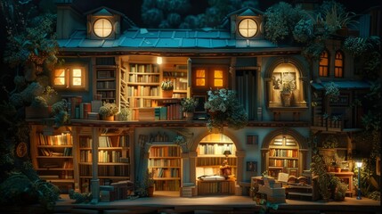 Illuminated library scene, books on shelves come alive with scenes of their narratives