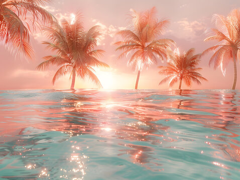 ocean scene with palm trees reflected in the calm water. The sky is a beautiful shade of pink and blue