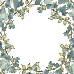 Fototapeta premium Gooseberry branches and berries square frame hand painted with watercolors. 