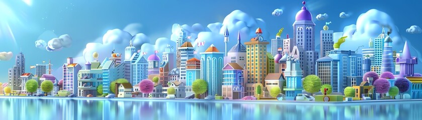 Clean and minimalist isometric cityscape in gentle pastel shades, showcasing precise pixel work for...