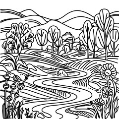 monochrome line art landscape illustration