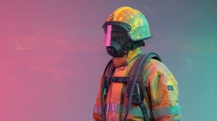 Obraz premium Close view of a firefighters radio and safety harness, detailed stitching and wear visible, with a hint of the fire helmet in the frame for context