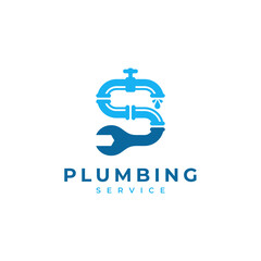 pipe and wrench with the letter S for the plumbing repair service logo