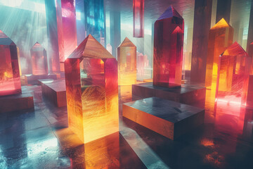 A sea of floating geometric shapes, each casting a neon glow that reflects off invisible surfaces,