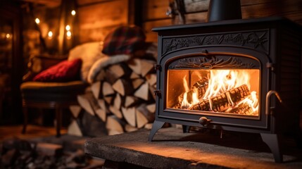 A fireplace with a black stove and a pile of wood next to it. The fire is burning brightly and the room is warm and cozy