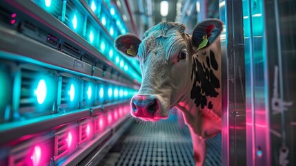 Cow Standing in Room With Neon Lights