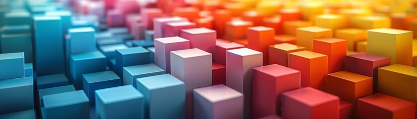 Intimate closeup of geometrically shaped gift boxes, each in a different bright color, forming a rainbow palette that adds a joyful touch to any celebration