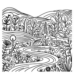 monochrome line art landscape illustration