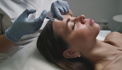 Naklejka premium Medical cosmetology of plasma injections. Cosmetology, facial injections close-up. A professional cosmetologist, doctor does mesotherapy, plasma therapy to a young woman