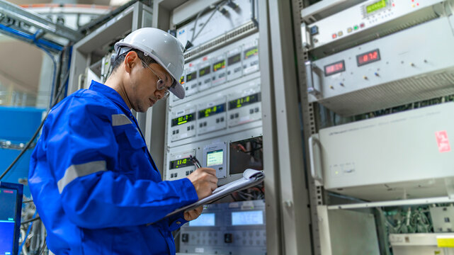 Electrical engineer woman checking voltage at the Power Distribution Cabinet in the control room,preventive maintenance Yearly,Thailand Electrician working at company