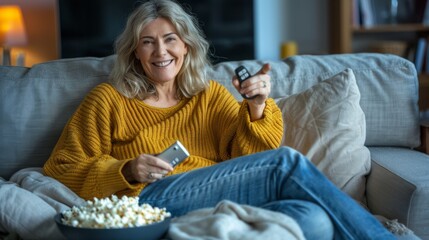 Obraz premium A Mature Woman Enjoying Television