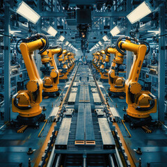 A factory with many robots in it
