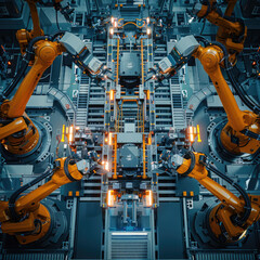 A robot assembly line with a lot of orange robots