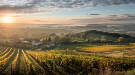 Naklejka premium Golden sunrise over a serene vineyard landscape
