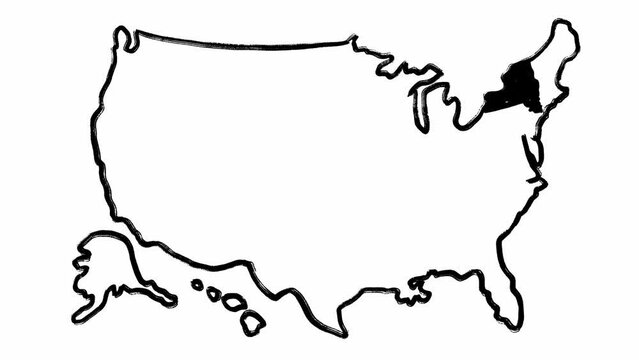 Set of scribble animations with maps of the USA and New York hand drawn in black color against white background. Isolated view of American borders and one of its districts. There are written names