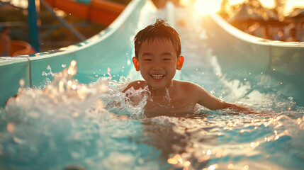 happy chinese boy playing in a water park, riding on water slides, having fun on water slides in the pool
