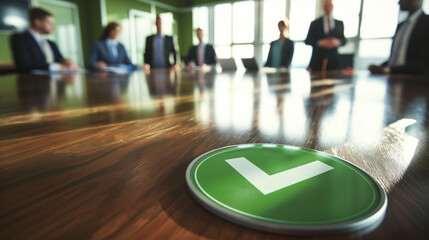 Shiny green checkmark in the focus with a blurred business meeting background symbolizing agreement