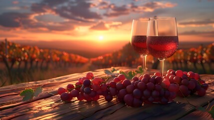 two glasses with red wine on the table, grape field background