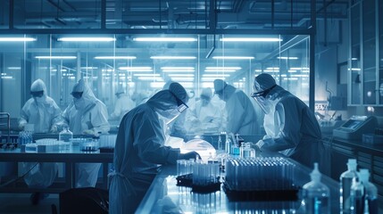 Detailed 3D scene in a pharmaceutical facility cleanroom, workers in protective gear under bright lights, examining a new vaccine with utmost precision,