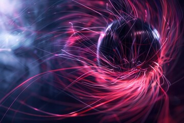Dynamic 3D visualization of magnetic poles and the resulting force lines, showcased with a dark, moody lighting effect,