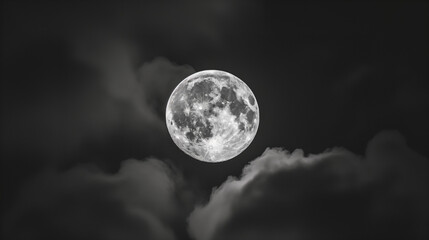 Full moon surrounded by clouds in a black and white image.