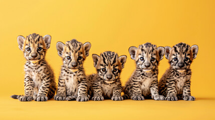 Naklejka premium Quintet of Tiger Cubs Posing on a Bright Yellow Background