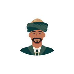 Fashion turban headdress Arab or Indian culture, Saudi oriental bearded man head hat avatar vector icon Asian portrait